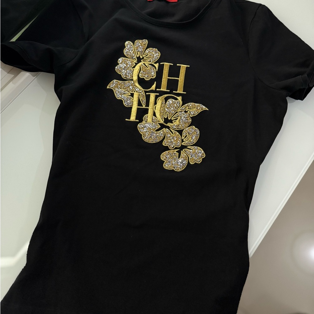 Carolina Herrera Black T-Shirt with Gold Floral CH Logo